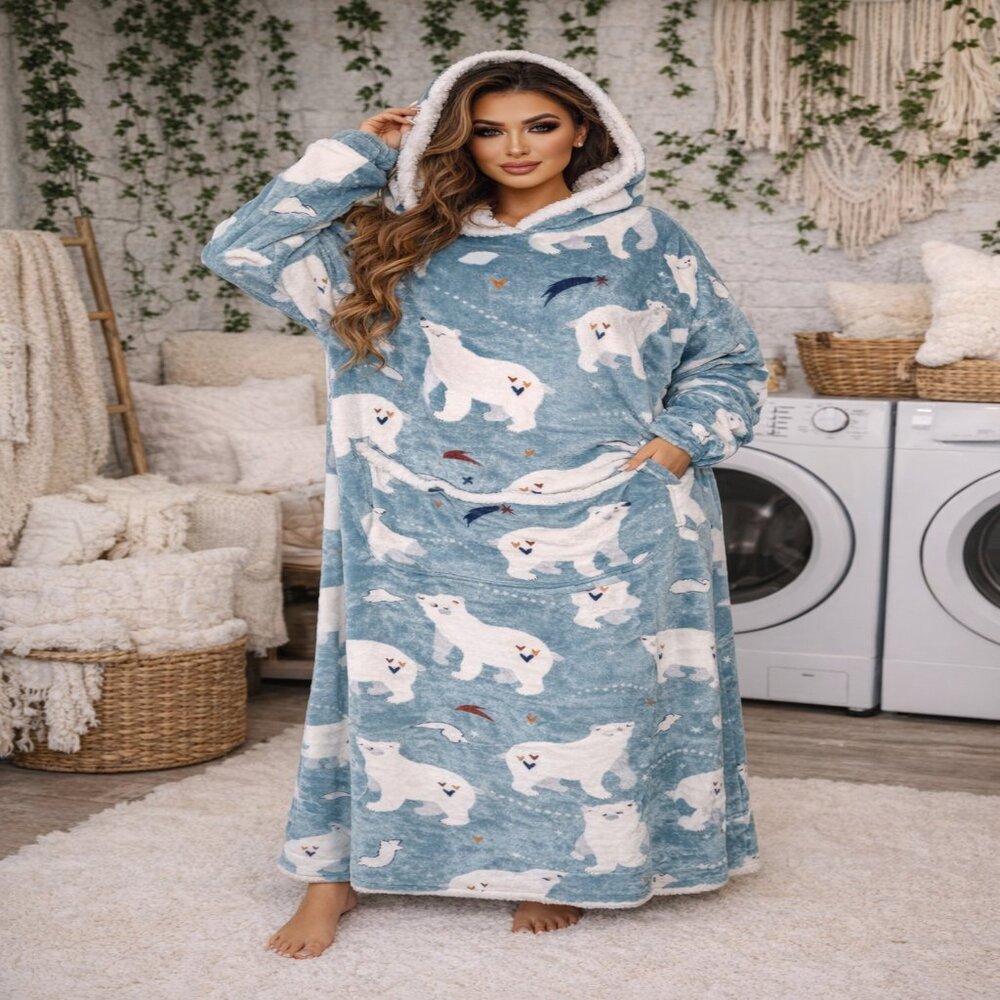 Polar Bear Hoodie Blanket Dress | Plush Cozy Oversized Lounge Wear Women's OS